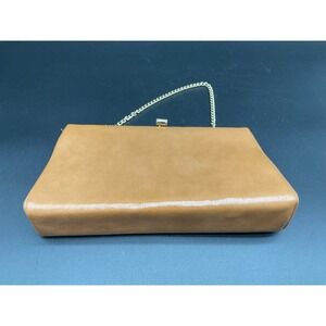 Vintage Tan Faux Leather Clutch Frame Bag Gold Chain Handle Black Lining‎
